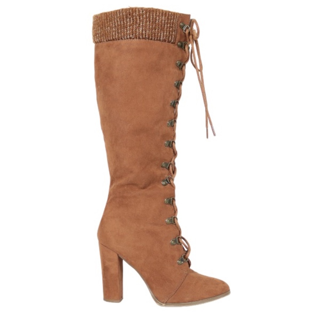 JustFab Sicaria Cognac Brown Lace-Up Sweater-Cuff Block Heel Boots Size 7.5